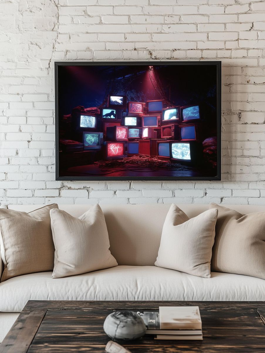 Neon CRT TV Stack Retro Print. room preview
