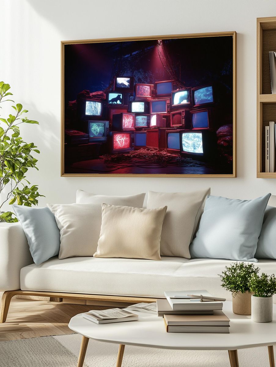 Neon CRT TV Stack Retro Print. — room view 2