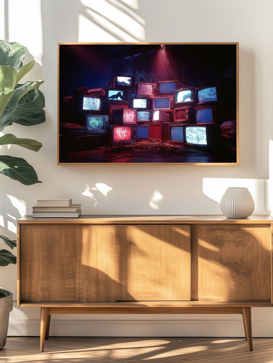 Neon CRT TV Stack Retro Print. — room view 3