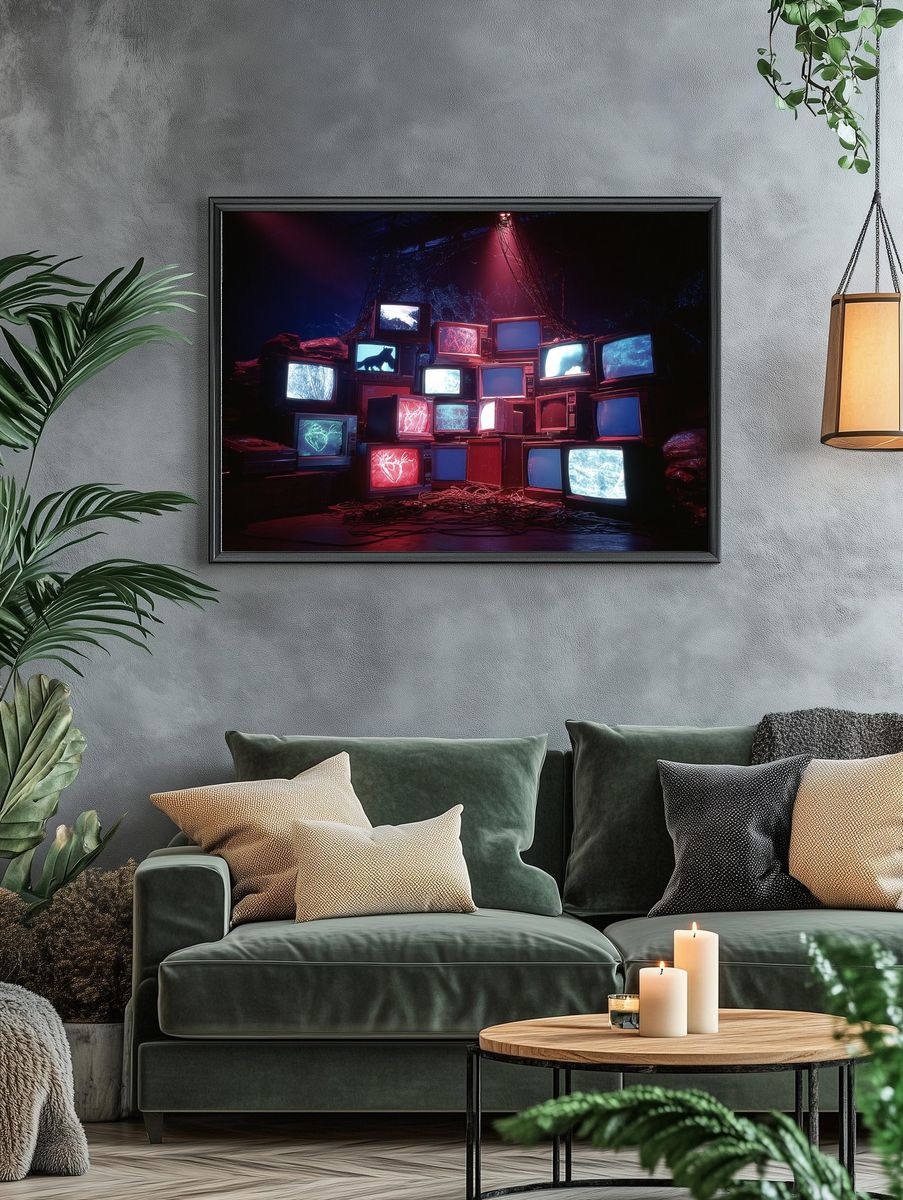 Neon CRT TV Stack Retro Print. — room view 4