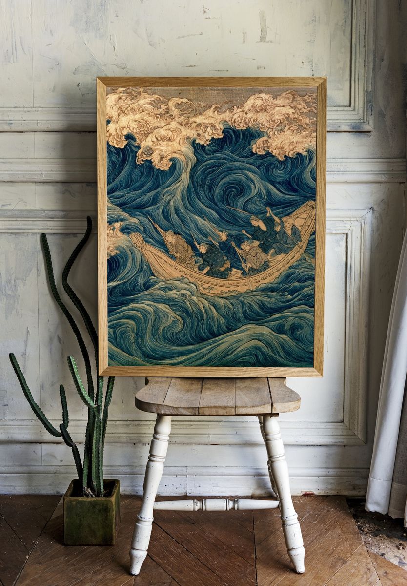 Great Wave Voyage Vintage Print. room preview