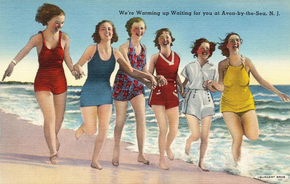 Women beach (1930–1945), vintage postcard. poster — vintage art