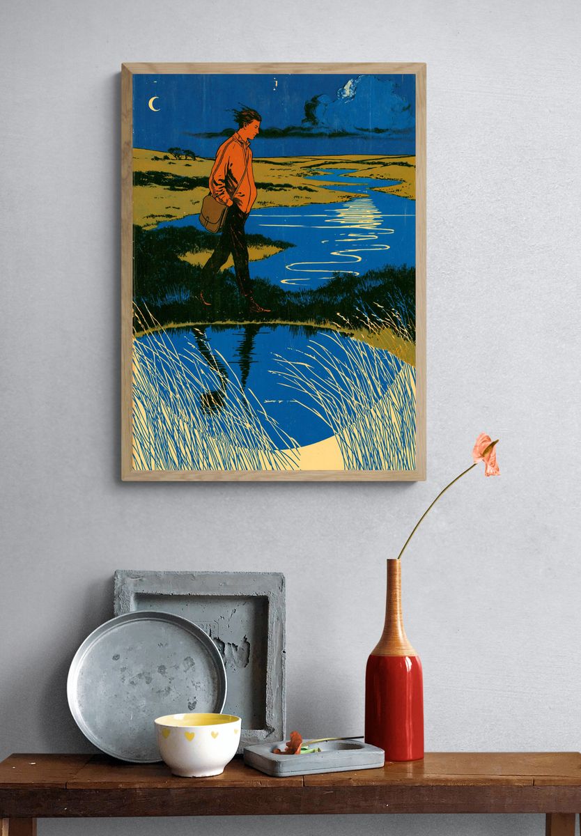 Solitary Walker Landscape Vintage Print. — room view 3