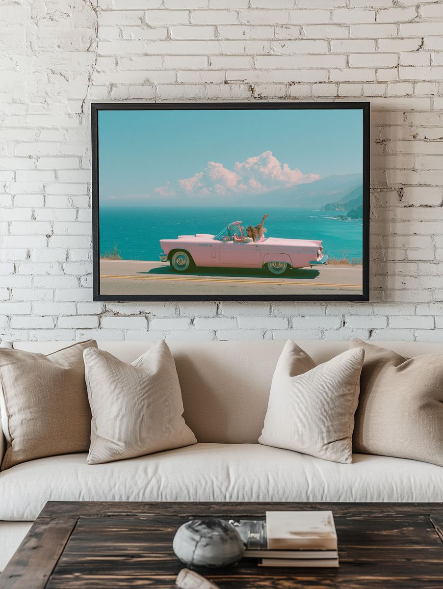 Pink Convertible Coastal Drive Poster. — room view 1