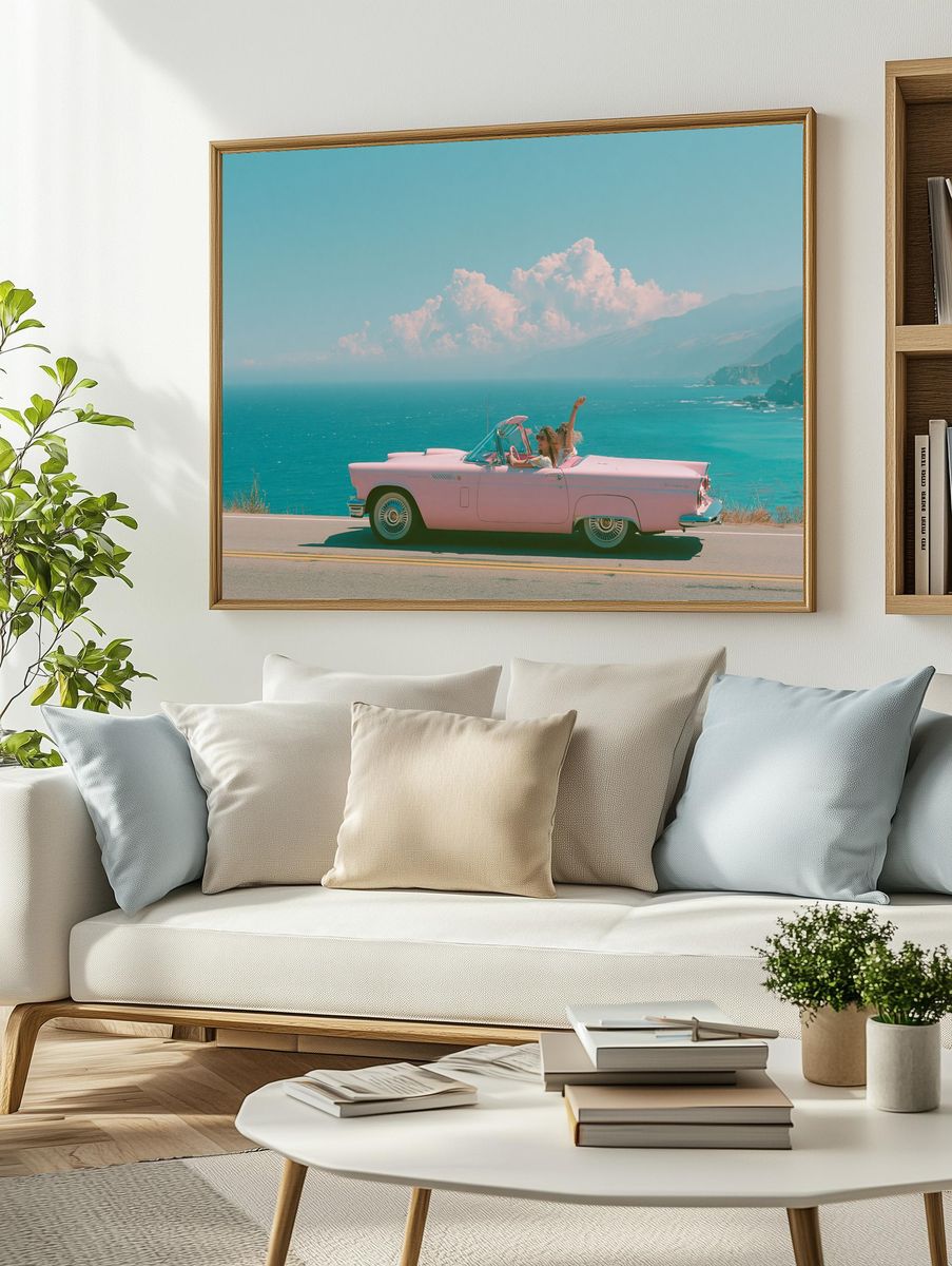 Pink Convertible Coastal Drive Poster. — room view 2