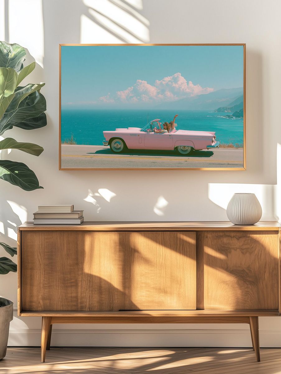 Pink Convertible Coastal Drive Poster. — room view 3