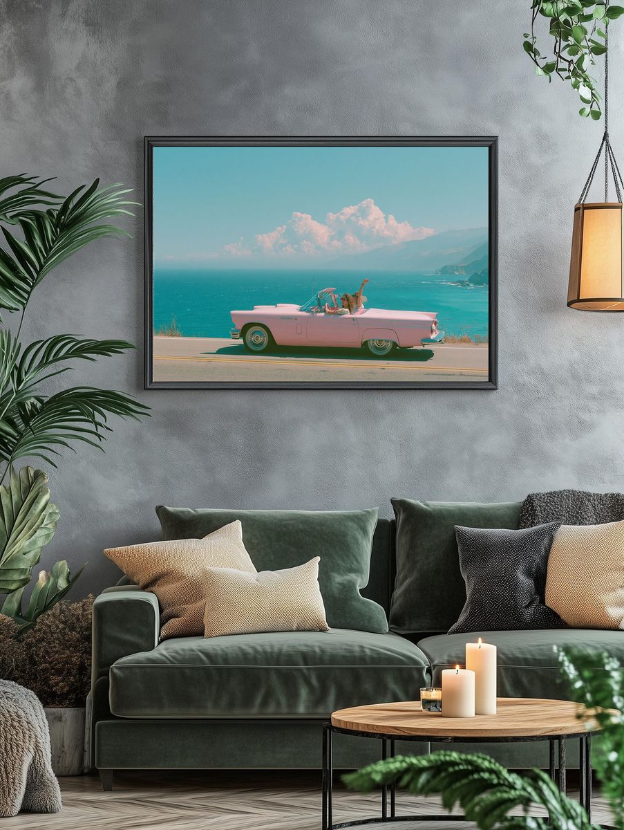 Pink Convertible Coastal Drive Poster. — room view 4