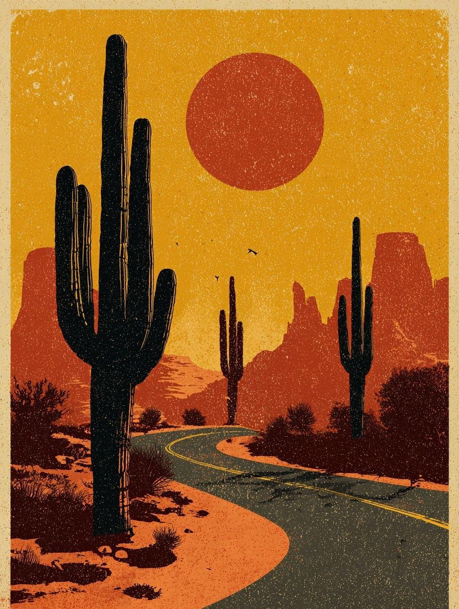 Desert Sunset Cactus Vintage Poster. poster detail