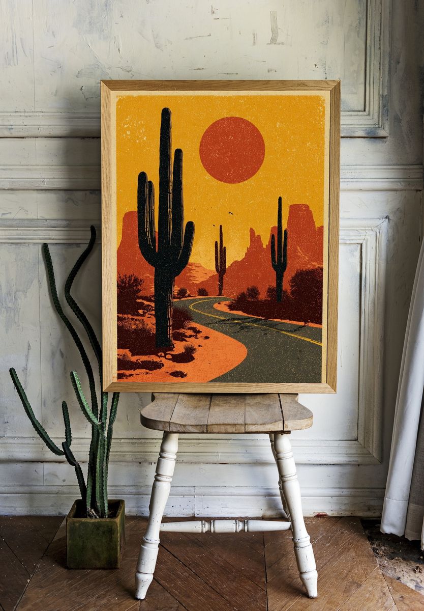 Desert Sunset Cactus Vintage Poster. room preview