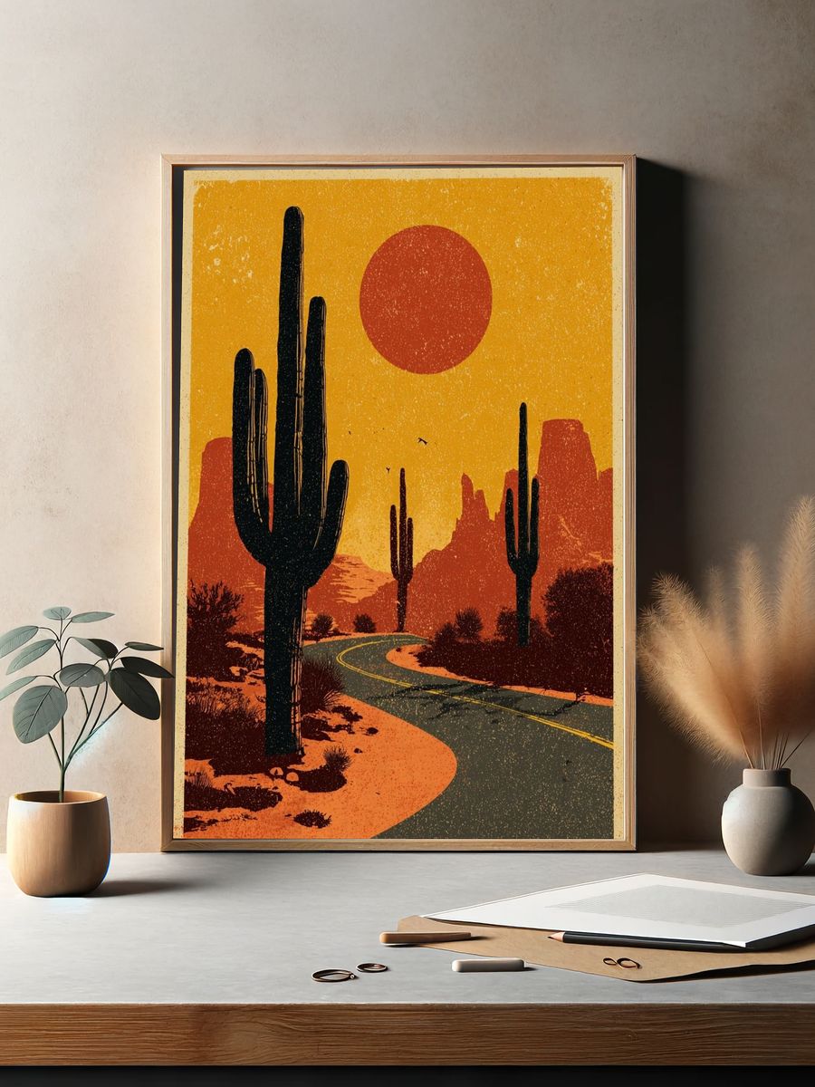 Desert Sunset Cactus Vintage Poster. — room view 2