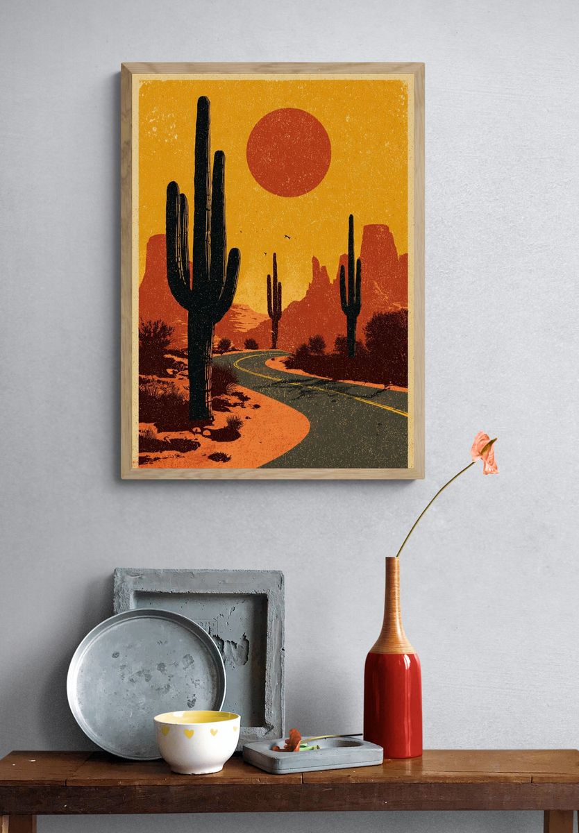 Desert Sunset Cactus Vintage Poster. — room view 3