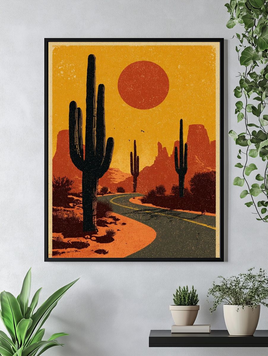 Desert Sunset Cactus Vintage Poster. — room view 4