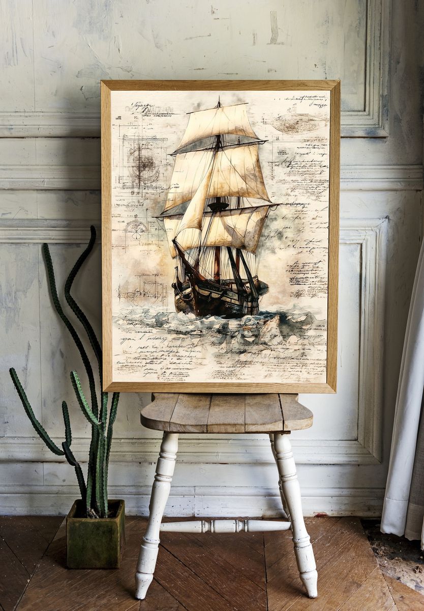 Vintage Sailing Ship Illustration Poster. — room view 1