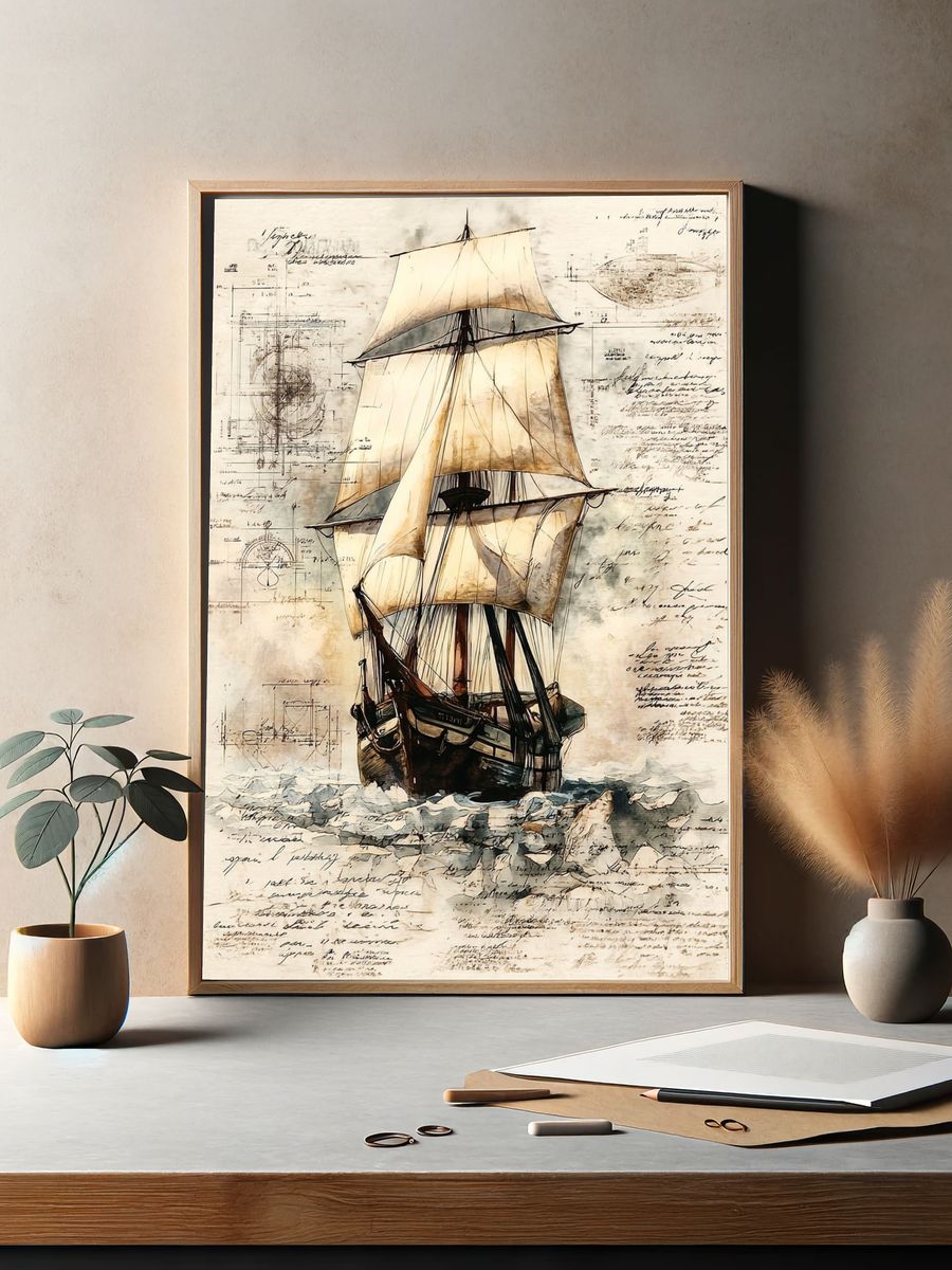 Vintage Sailing Ship Illustration Poster. — room view 2