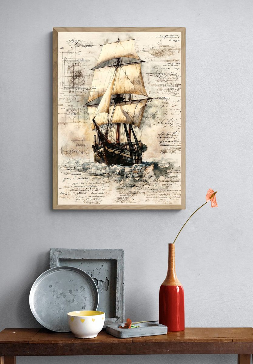 Vintage Sailing Ship Illustration Poster. — room view 3