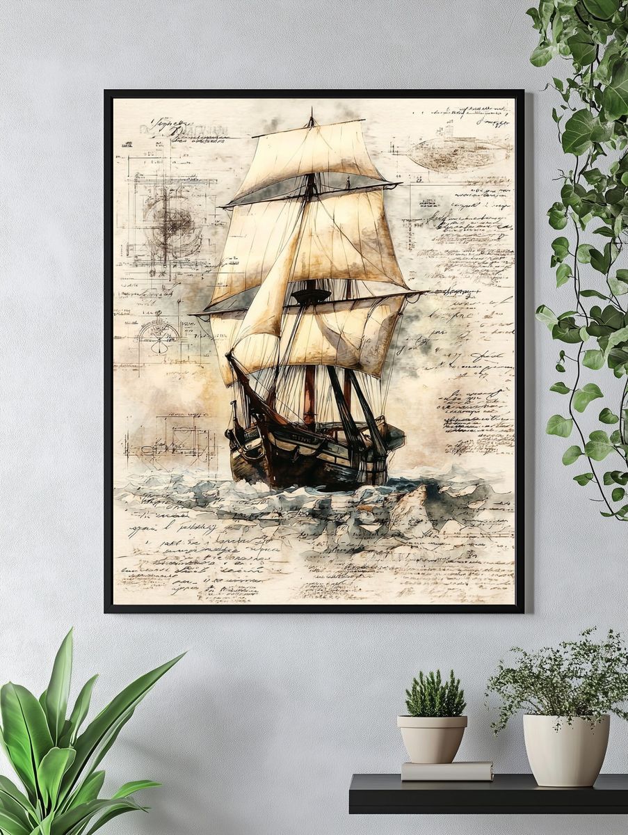 Vintage Sailing Ship Illustration Poster. — room view 4