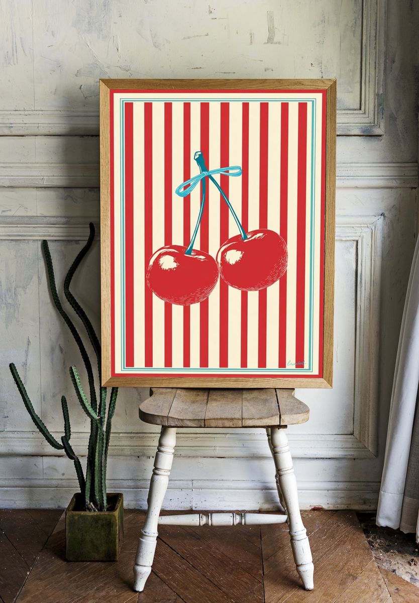 Cherry Stripe Vintage Print. room preview