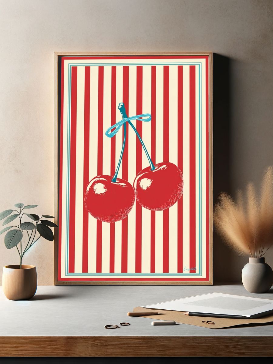Cherry Stripe Vintage Print. — room view 2