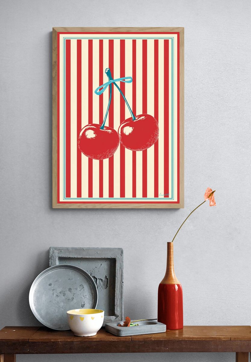Cherry Stripe Vintage Print. — room view 3