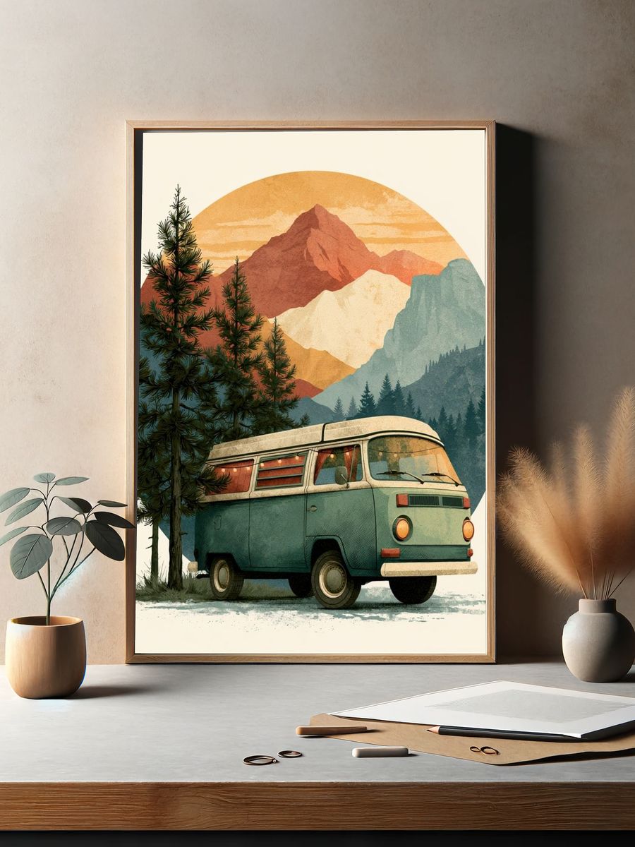 Vintage Camper Mountain Print. — room view 2