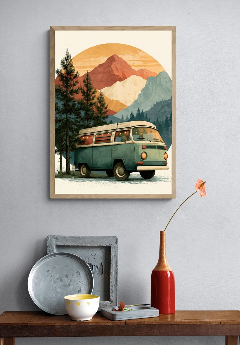 Vintage Camper Mountain Print. — room view 3
