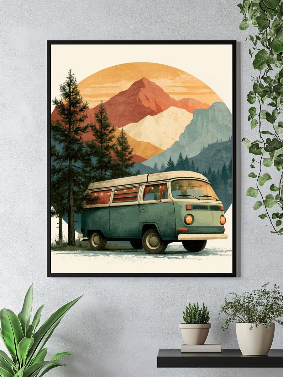 Vintage Camper Mountain Print. — room view 4