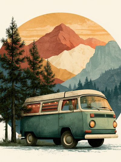 Vintage Camper Mountain Print. poster
