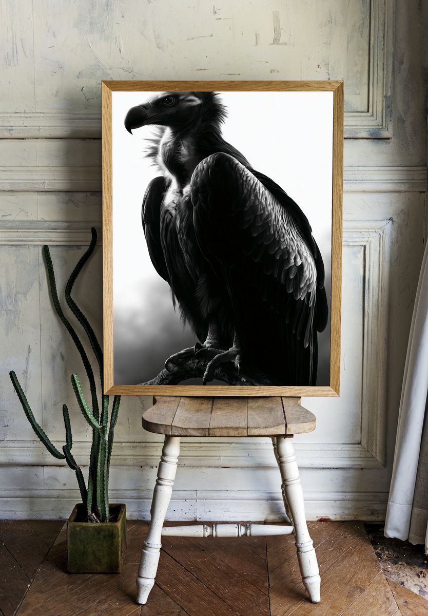 Vulture Portrait Black-White Print. room preview