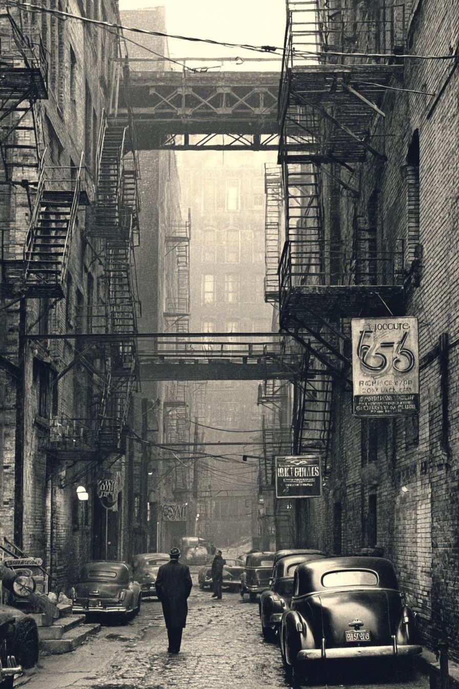 Vintage Urban Alley — Black-White Print. poster detail
