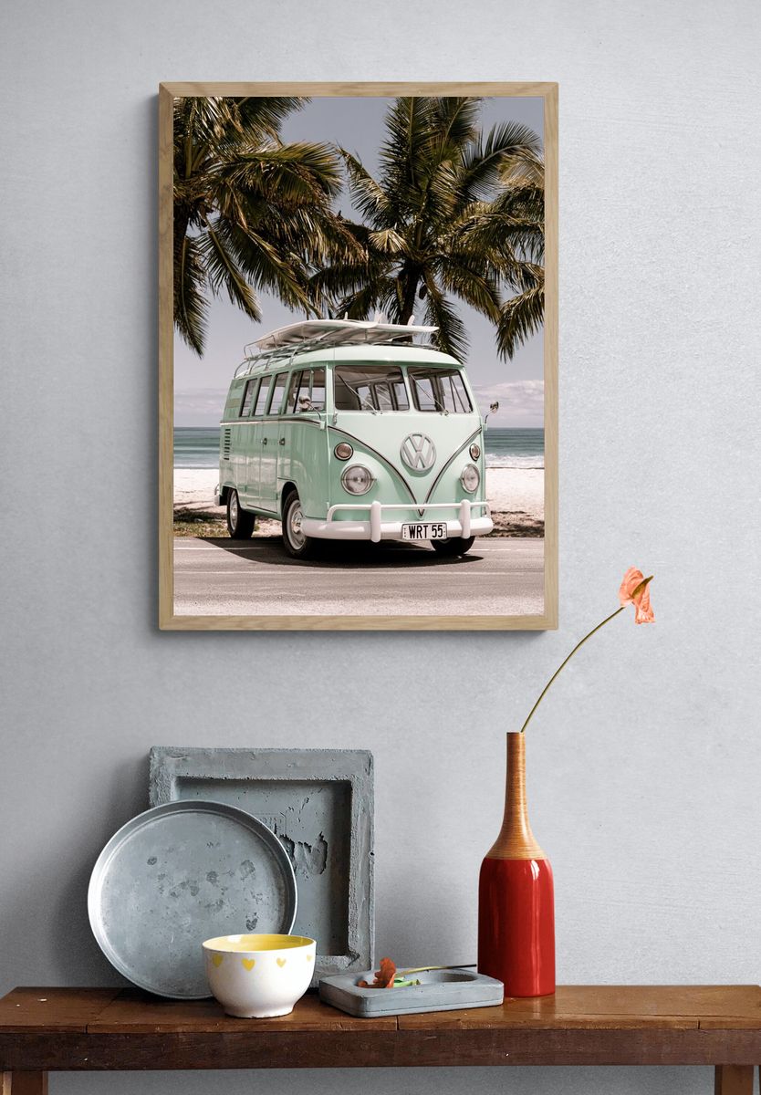 Mint VW Camper Van Beach Poster. — room view 3