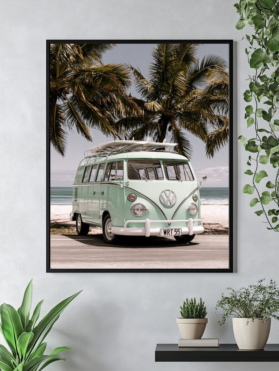 Mint VW Camper Van Beach Poster. — room view 4