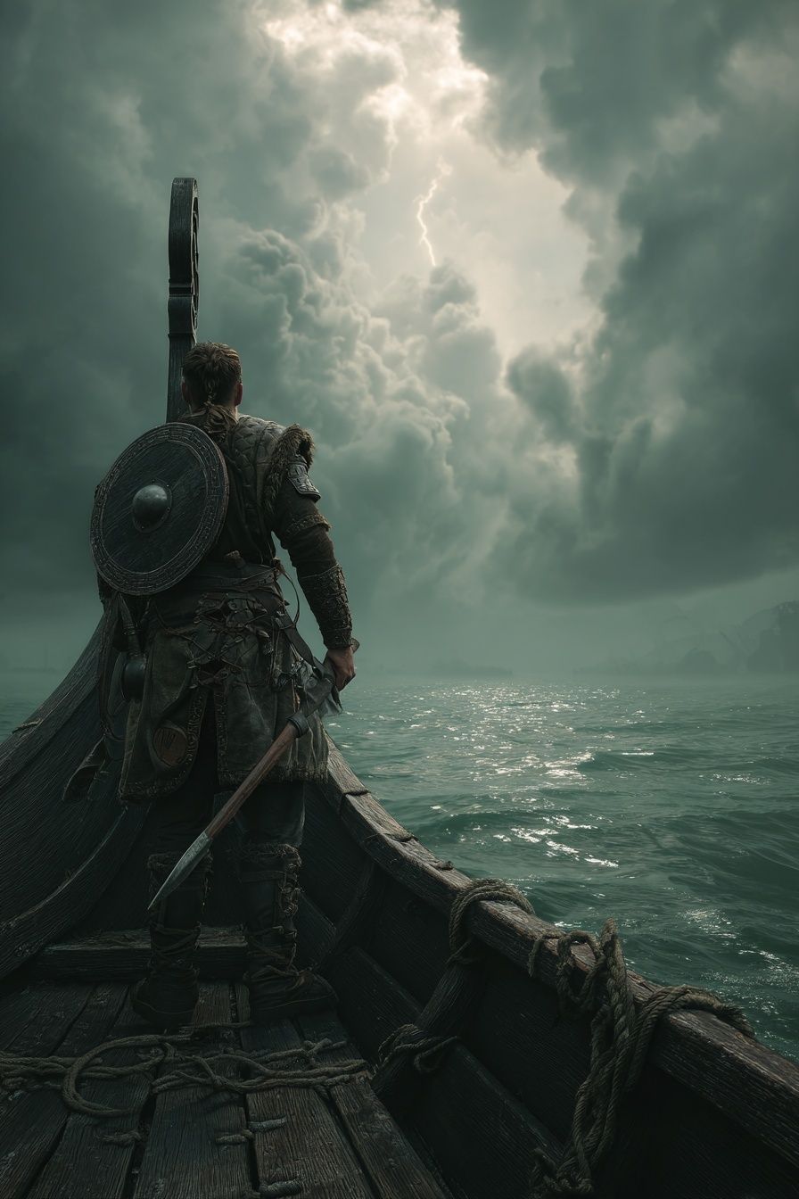 Viking Warrior on Ship — Fantasy Print. poster — fine-art art