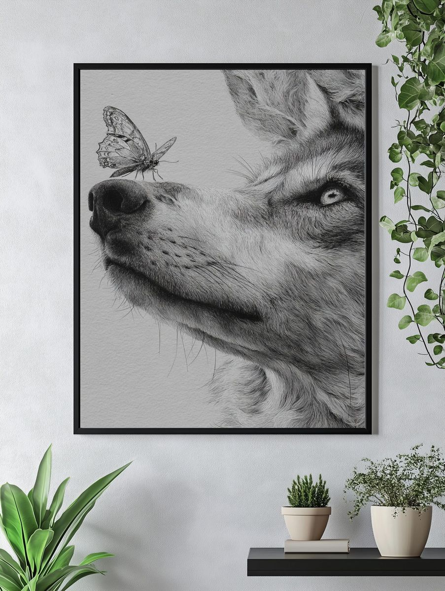 Wolf and Butterfly — Illustration Print. — room view 4