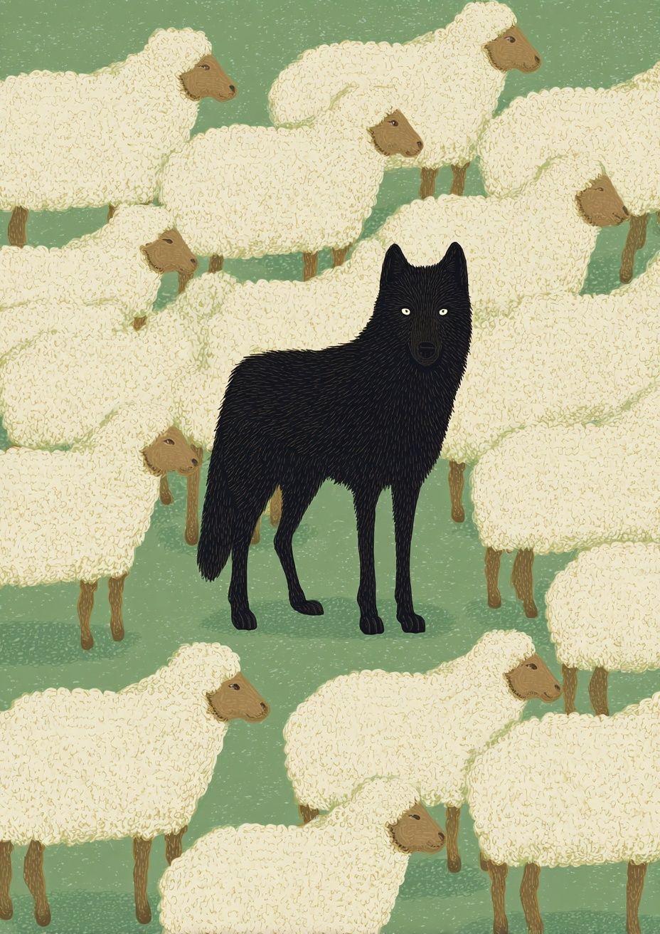 Black Wolf Among Sheep — Illustration Print. poster — illustration art