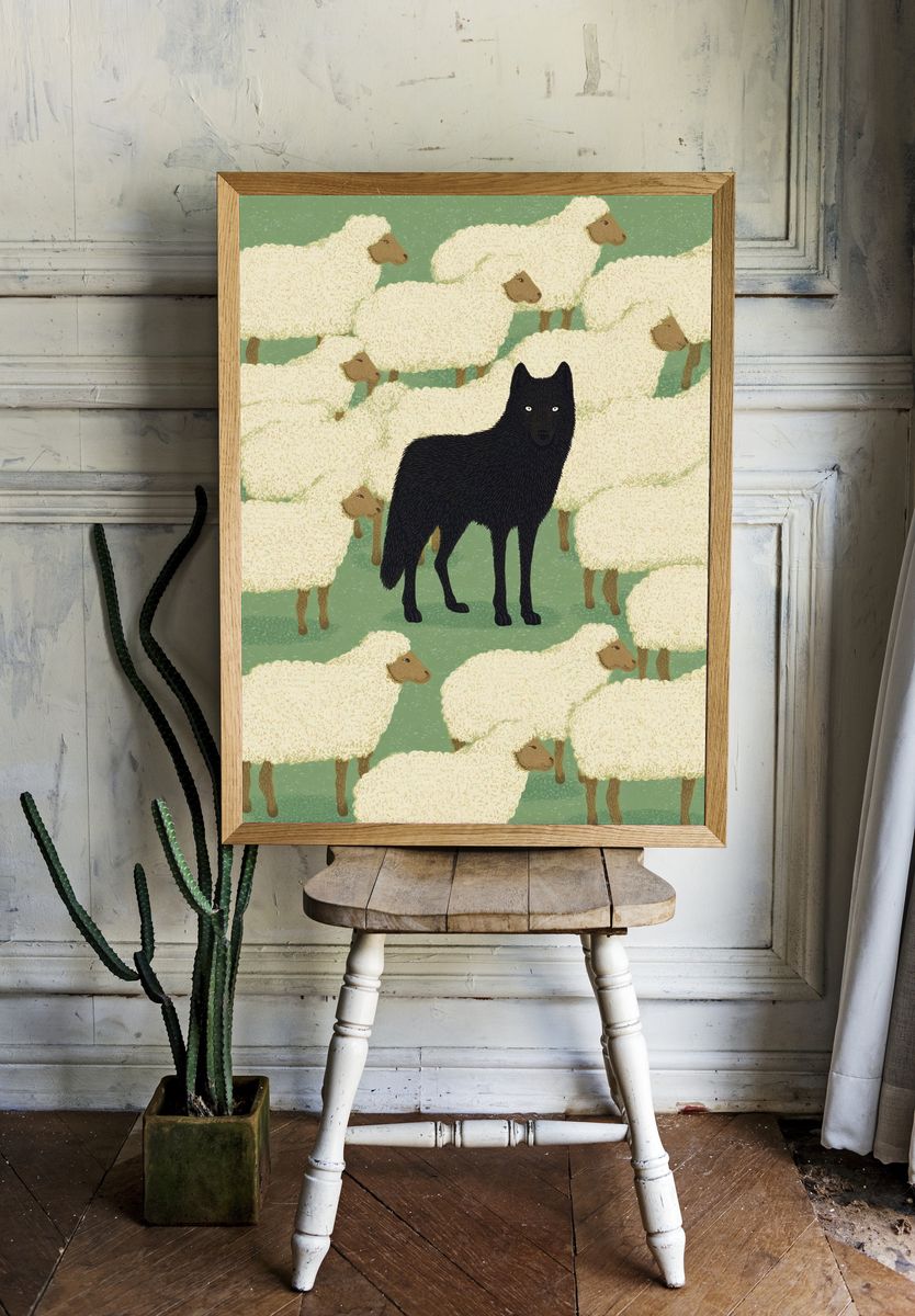 Black Wolf Among Sheep — Illustration Print. — room view 1