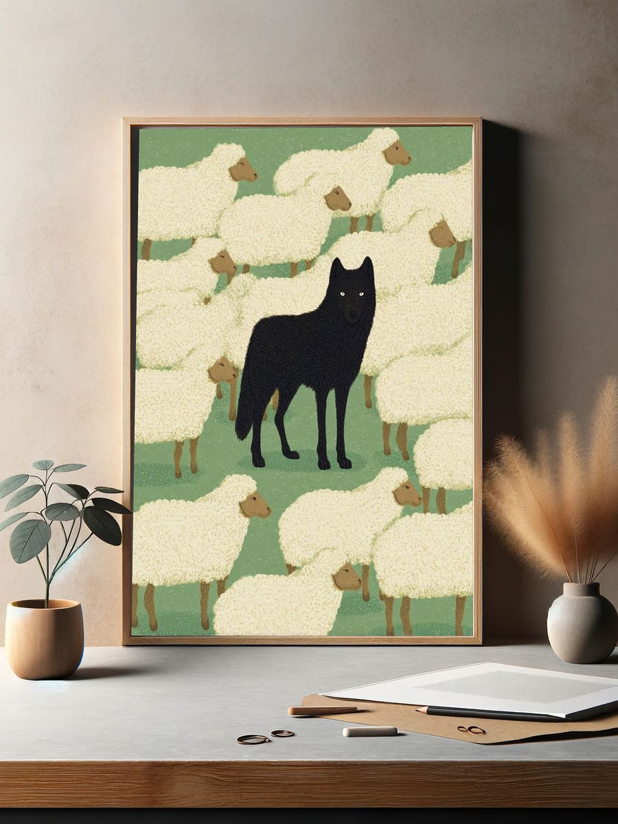 Black Wolf Among Sheep — Illustration Print. — room view 2
