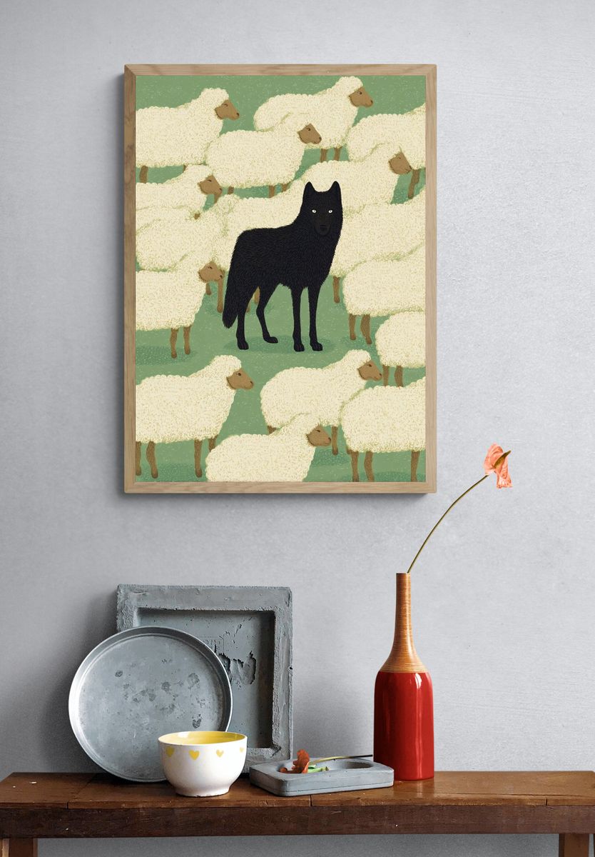 Black Wolf Among Sheep — Illustration Print. — room view 3