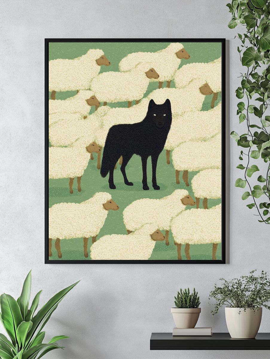 Black Wolf Among Sheep — Illustration Print. — room view 4