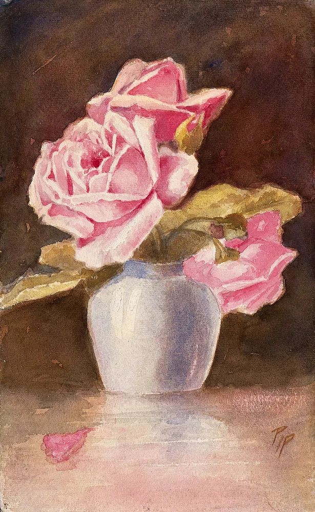 Pink Roses in Vase — Watercolor Print. poster — botanical art