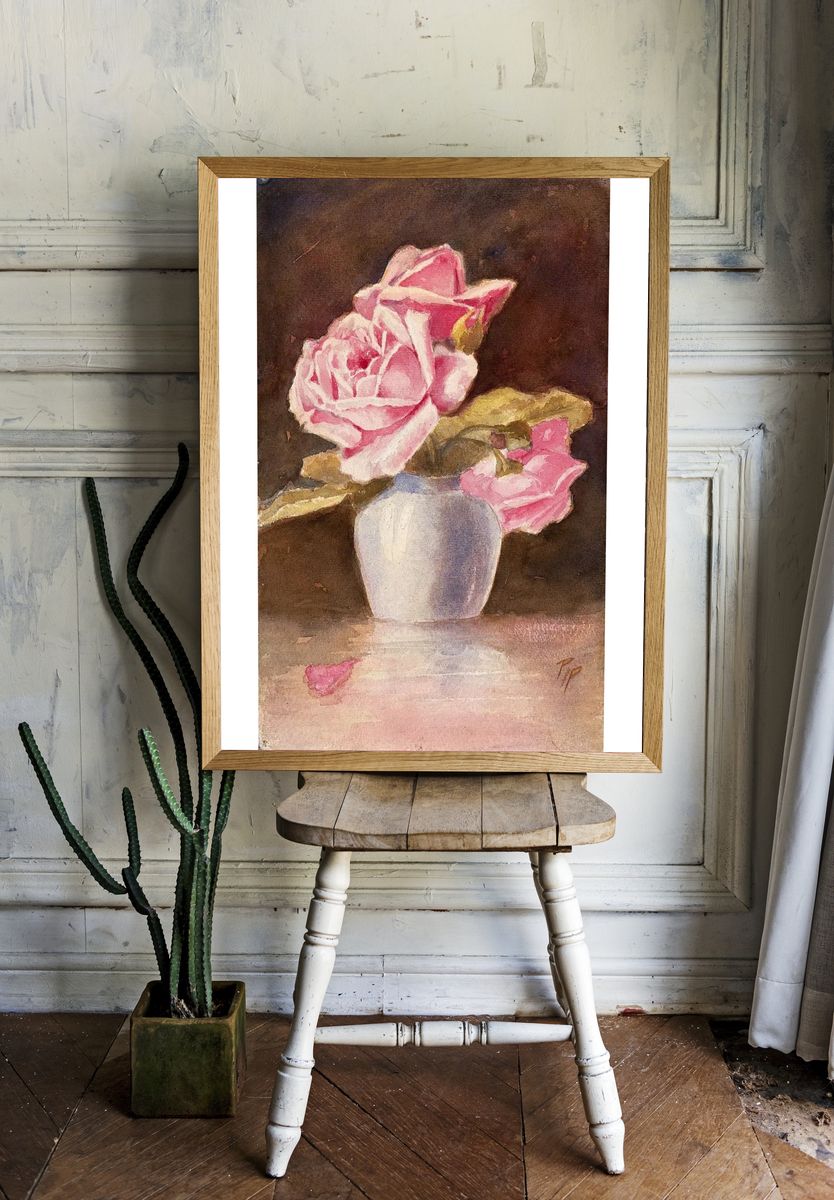 Pink Roses in Vase — Watercolor Print. — room view 1