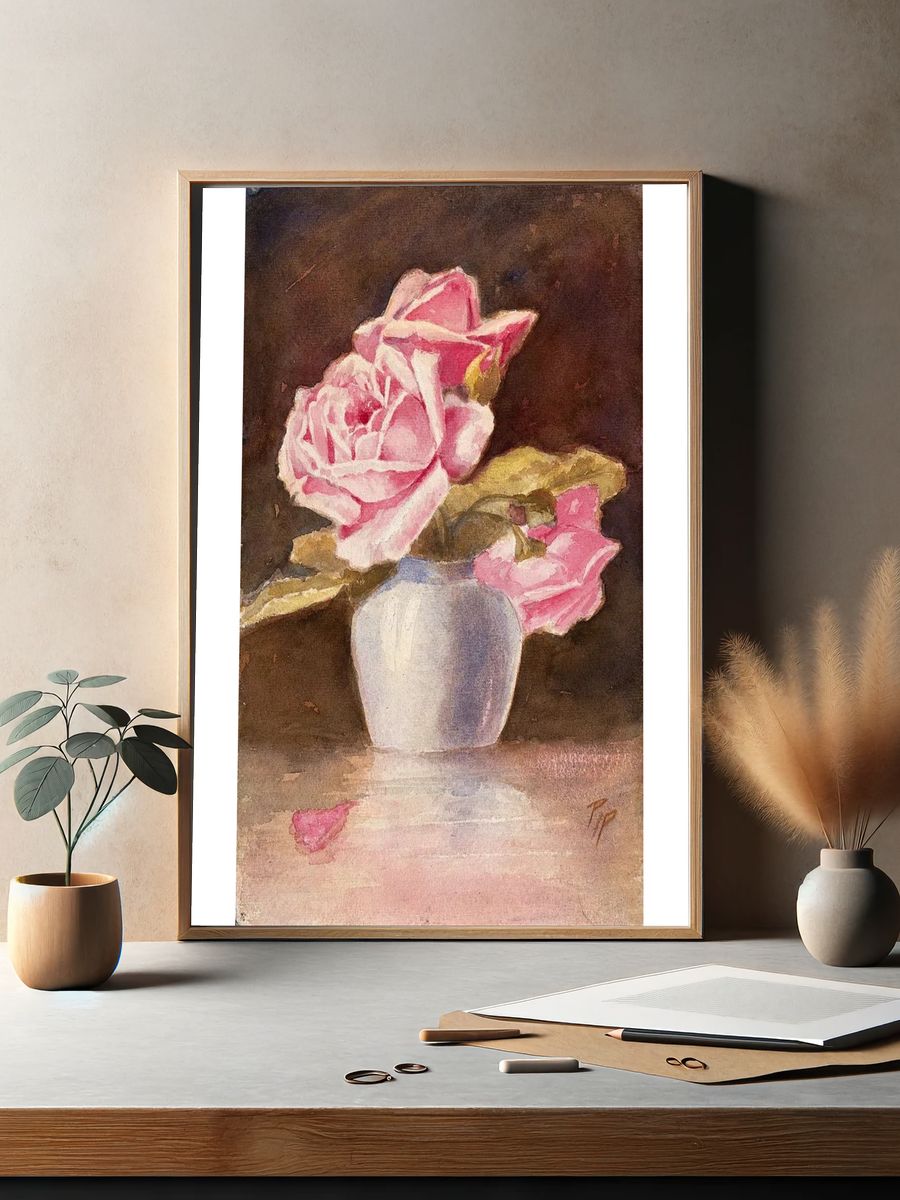 Pink Roses in Vase — Watercolor Print. — room view 2