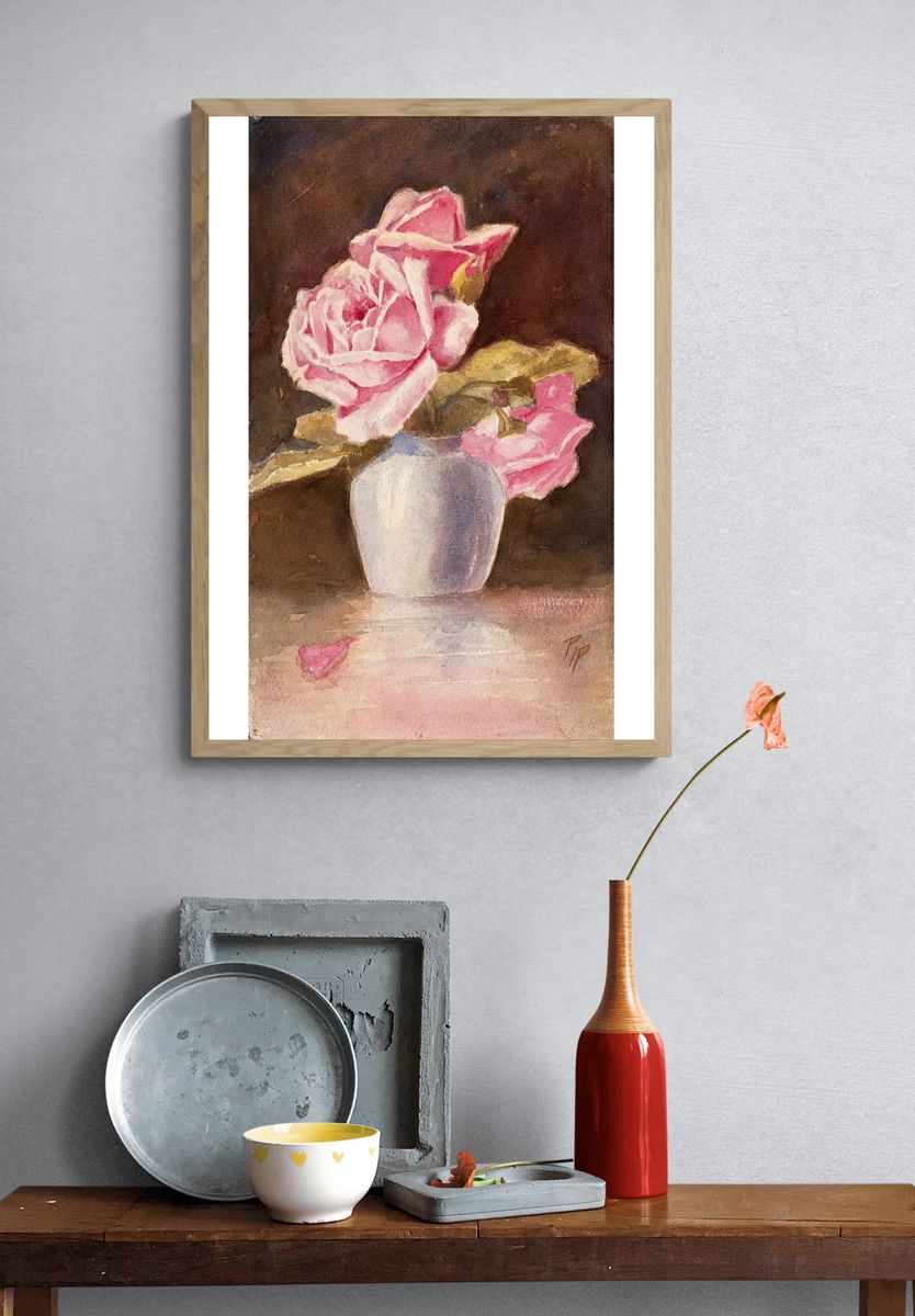 Pink Roses in Vase — Watercolor Print. — room view 3