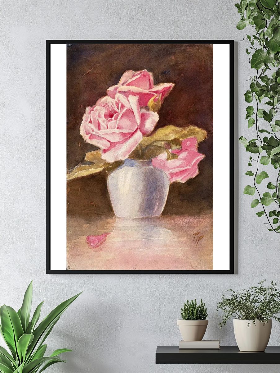 Pink Roses in Vase — Watercolor Print. — room view 4