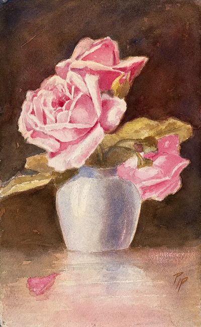 Pink Roses in Vase — Watercolor Print. poster