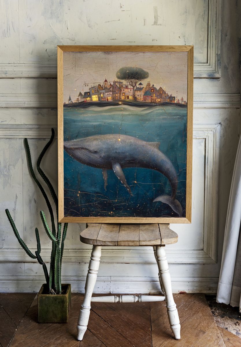 Whale Beneath the City — Surreal Art Print. — room view 1