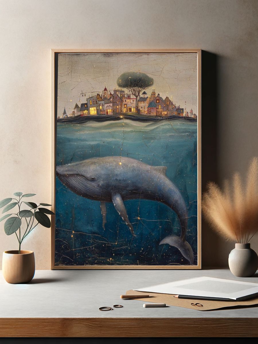 Whale Beneath the City — Surreal Art Print. — room view 2