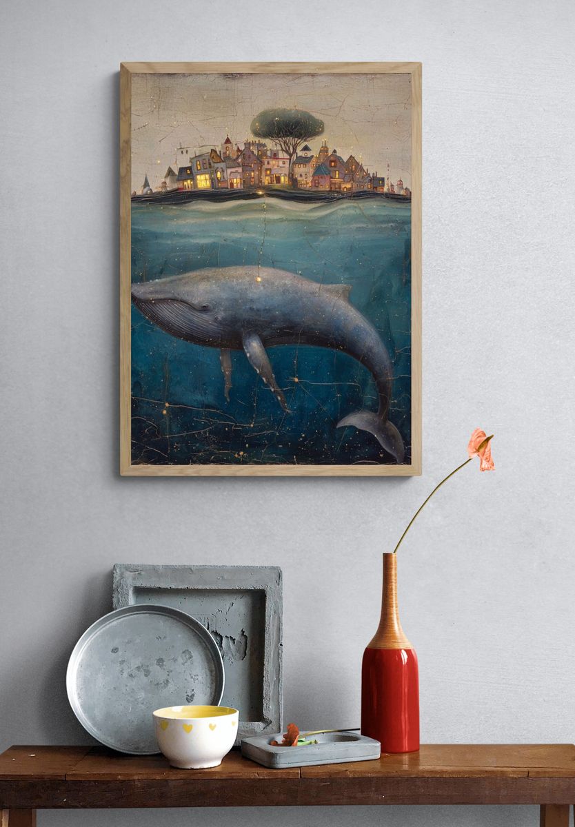Whale Beneath the City — Surreal Art Print. — room view 3