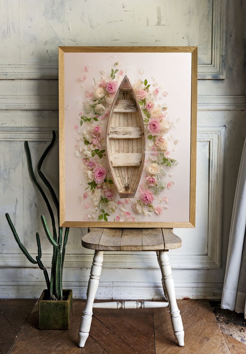 Wooden Boat with Flowers — Fine Art Print. — room view 1