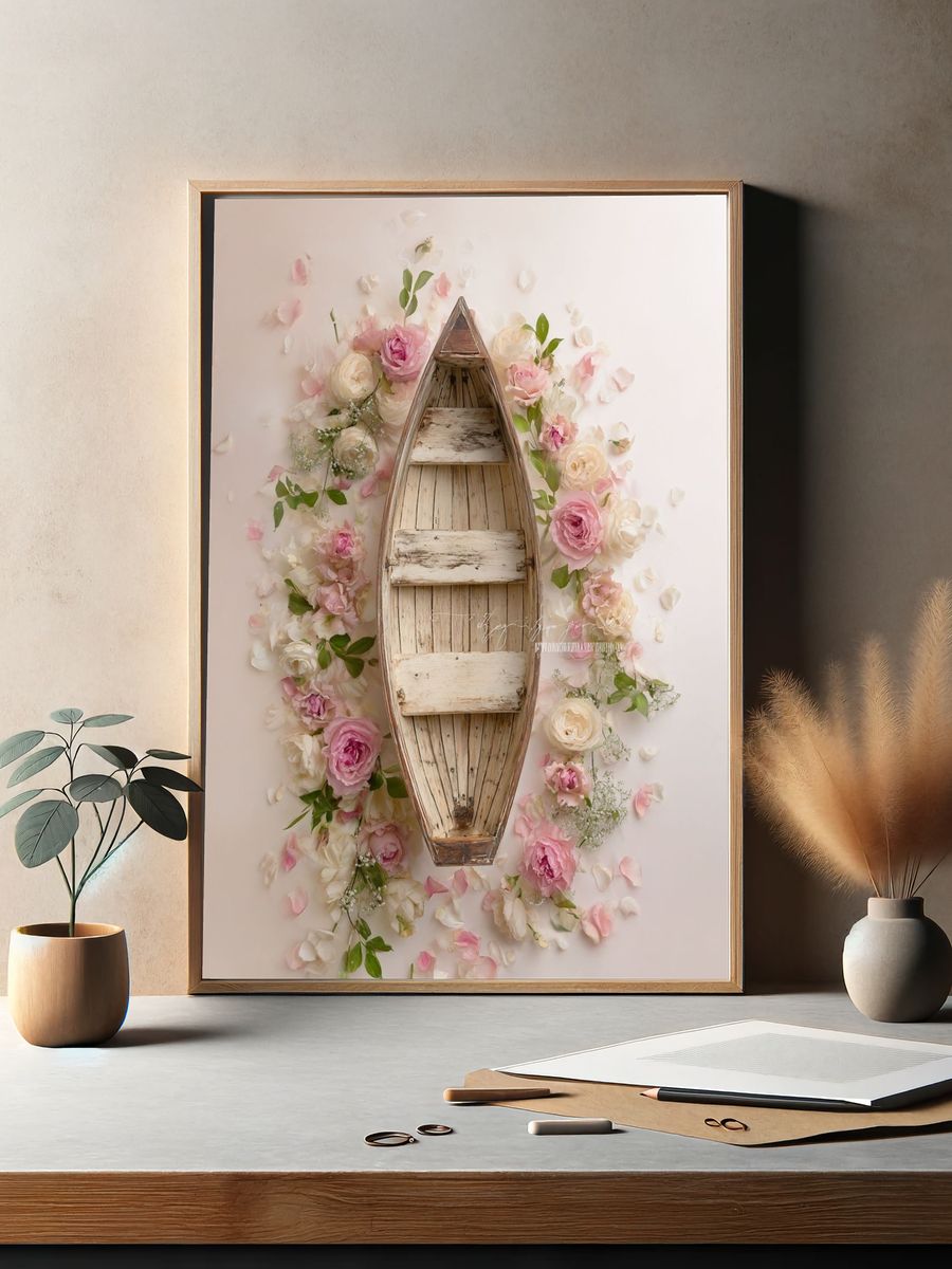 Wooden Boat with Flowers — Fine Art Print. — room view 2