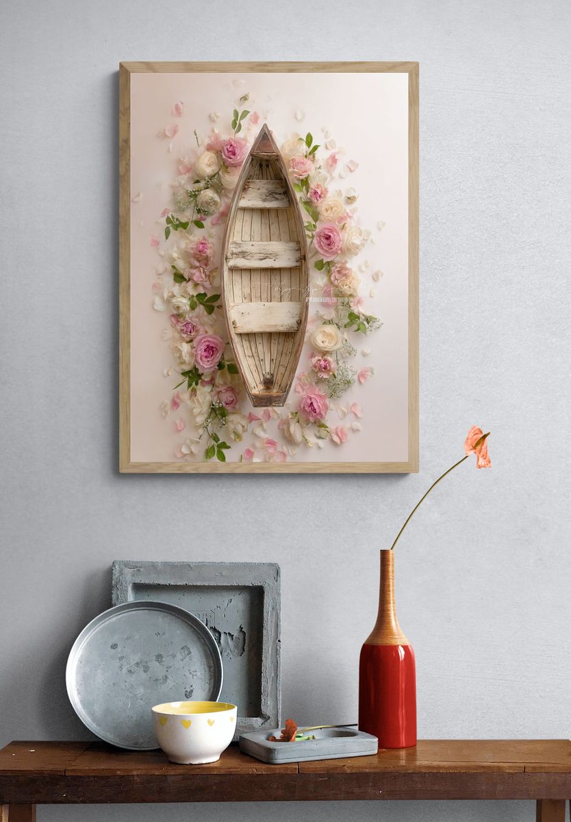 Wooden Boat with Flowers — Fine Art Print. — room view 3